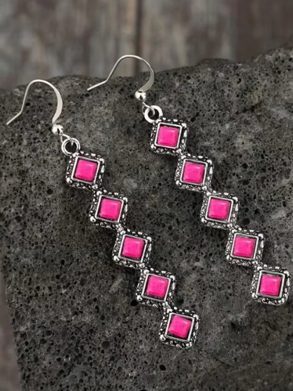 Retro Style Bohemian Long Strip Square Spliced Pink Turquoise Earrings